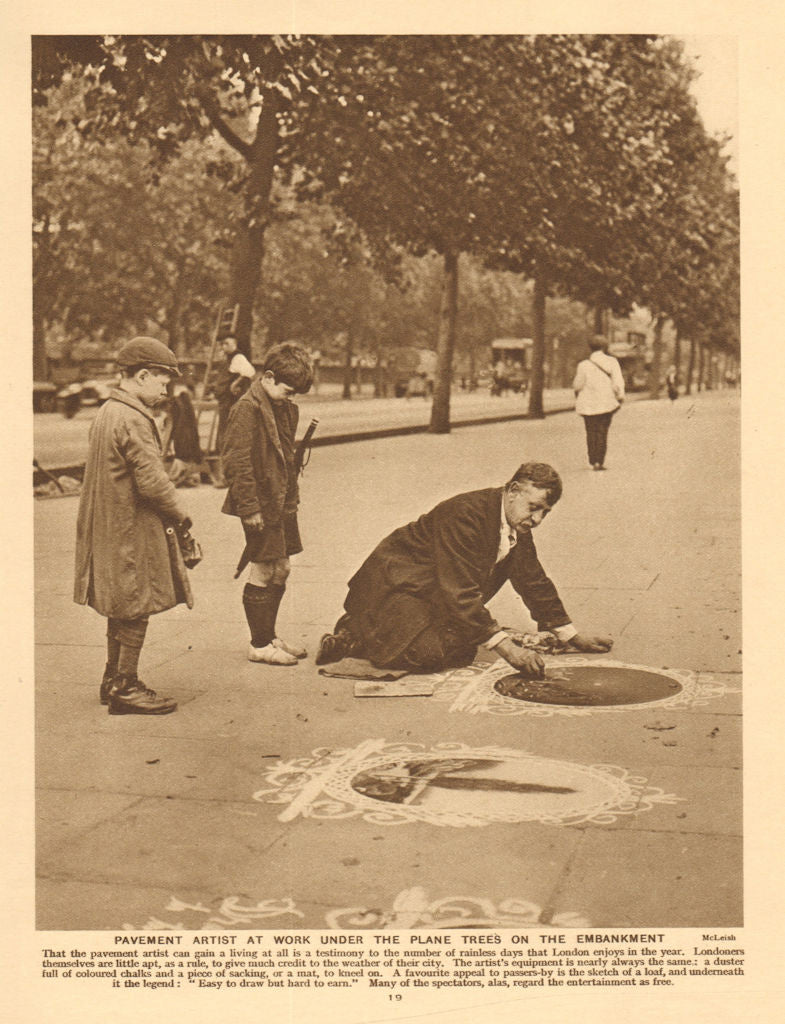 Pavement artist at work under the plane trees on Embankment 1926 old print